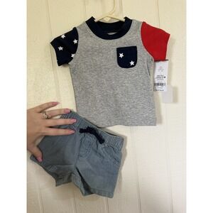 Carters Baby Boy 2pc Set Gray Red Blue Stars T-Shirt and Shorts 3 Months NWT